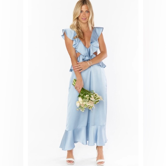 Show Me Your MuMu Zoey Midi Dress Steel Blue Luxe Satin Size S - Picture 1 of 10